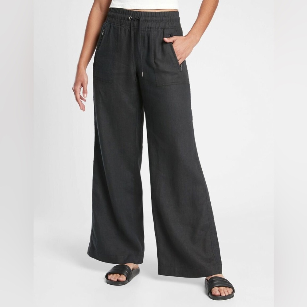 EUC Athleta Black Cabo Linen Wide Leg Pant Sz.6 Mid Rise Relaxed Casual Vacay